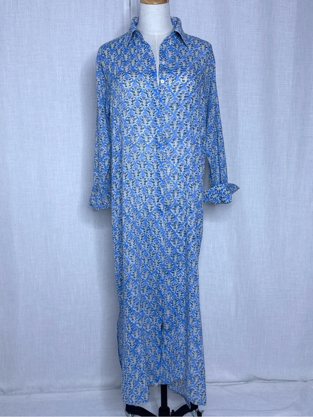 Madison Mathews Elizabeth Maxi Shirt Dress Blue Block Print Size Small